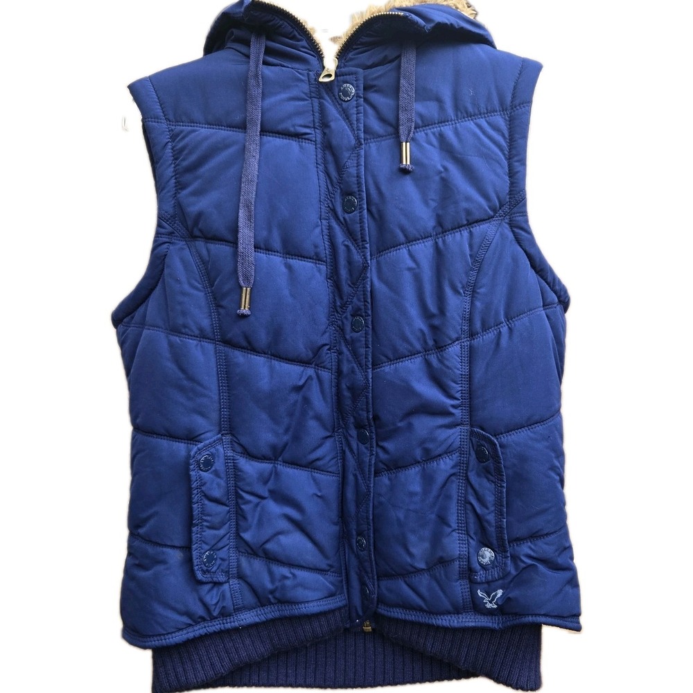 AMERICAN EAGLE Y2K Blue Quilted Puffer Vest Hood Size L
